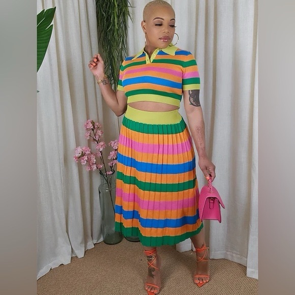 Women’s Colorful Rainbow Striped Cropped Shirt & Pleated Maxi Skirt Set Sz Large - Picture 8 of 12